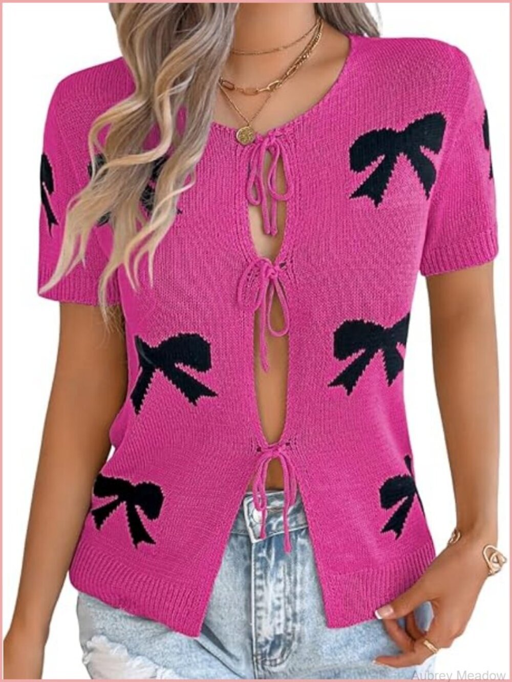 Short Sleeve Tie Front Bow Knit Cardigan Sweater Lightweight Crochet Top Summer
